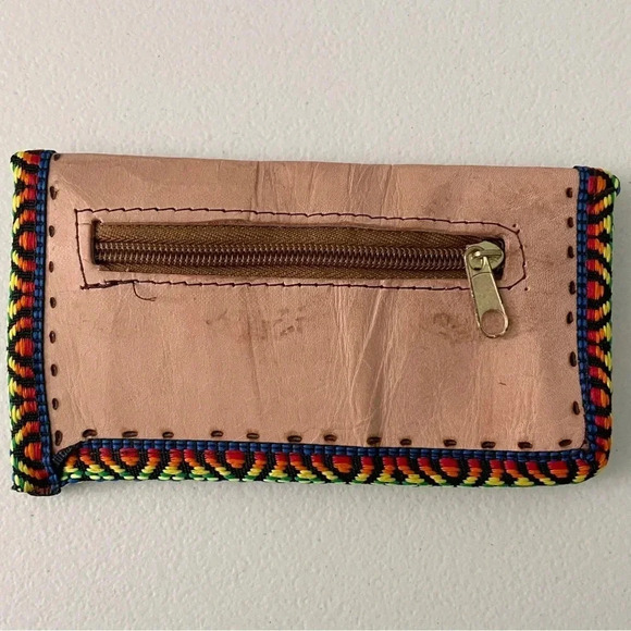 Leather Floral Wallet Mexico Snap Close 3 Pocket Color Trim Boho Hippie Nature - Picture 5 of 8